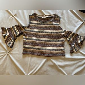 Striped half sleeve cold shoulder crop top